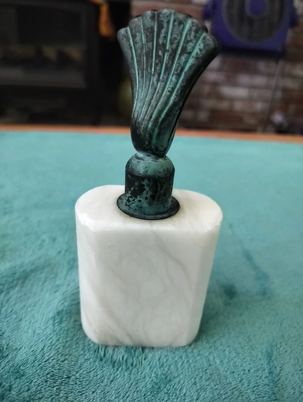 Vintage Italian Alabaster Desk Paperweight - Verdigris Lion Head & Fan Handle